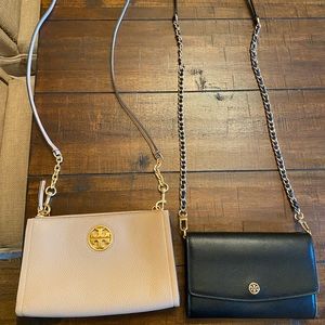 Two Tory Burch cross body bags.  1 tan / beige and 1 black